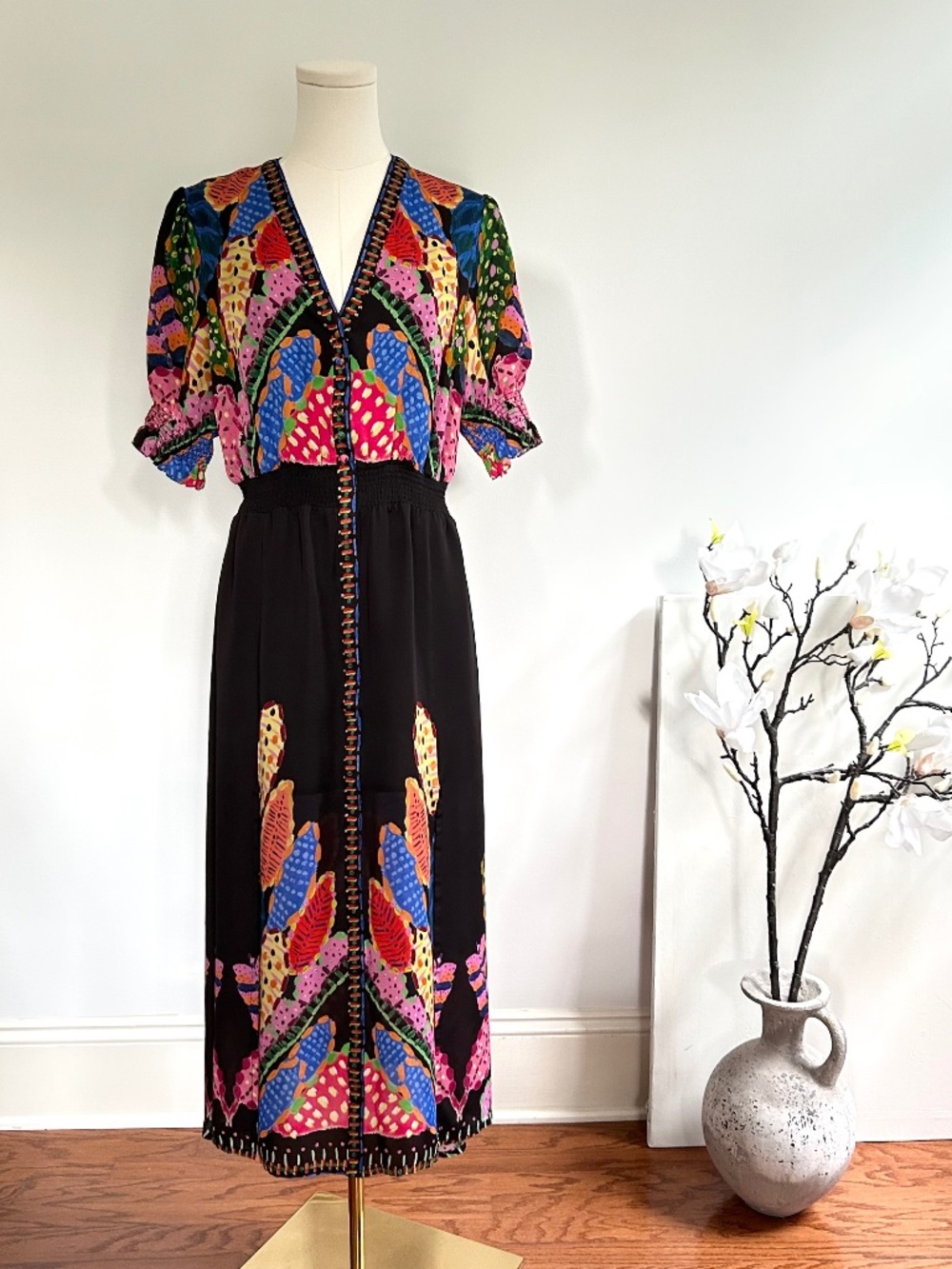 Ecru Tropical Maximalist Dress Abstract Print Women M Double Slit Resort Smocked